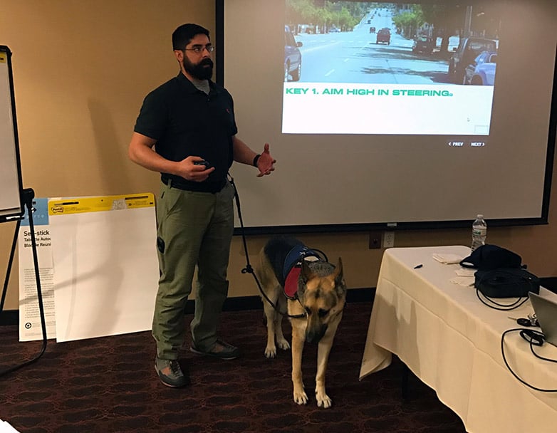 Veteran Dan Houghton and his service dog, Aspen, participated in a recent Smith System DriverTrainer course. 